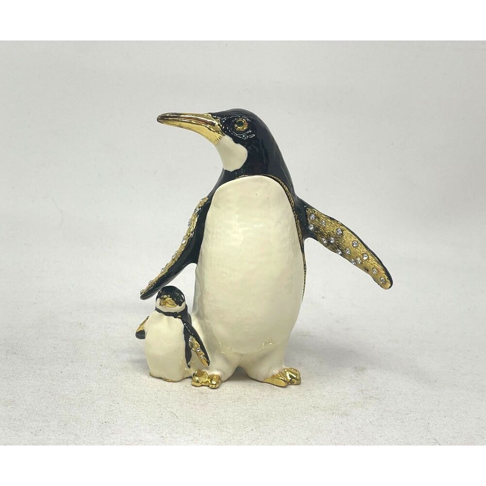 Vintage Emperor Penguin & Baby Trinket Box Enamel Jeweled Rhinestone 4.5"